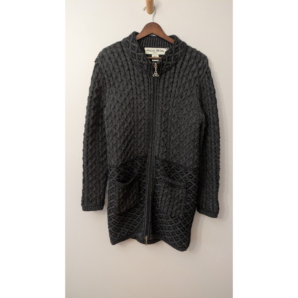 Vtg Aran Mor Womens Wool Cardigan Coat M Celtic Zip Cable Knit Fisherman Irish